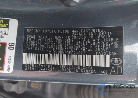 2015 Toyota Corolla Le Plus from USA, damaged, VIN 2T1BURHE0FC246773